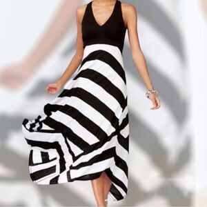 Inc International Concepts Asymmetrical Hem Maxi Dress Black White Stripe